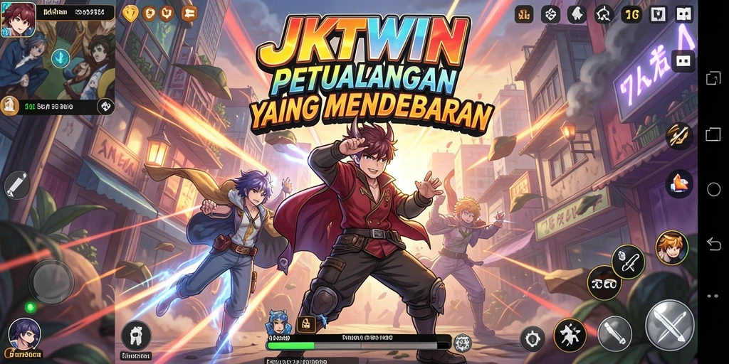 Tampilan gameplay JKTWIN yang menarik dalam bentuk animasi anime.