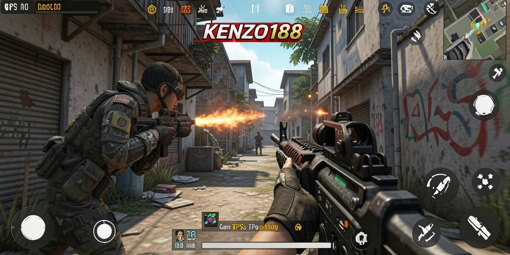 Screenshot utama KENZO188 menunjukkan aksi pertarungan TPS yang menegangkan.