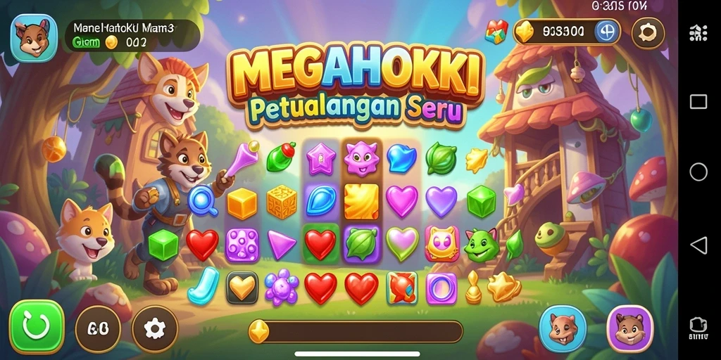 Tampilan gameplay seru dalam MEGAHOKI dengan kombinasi warna-warni.