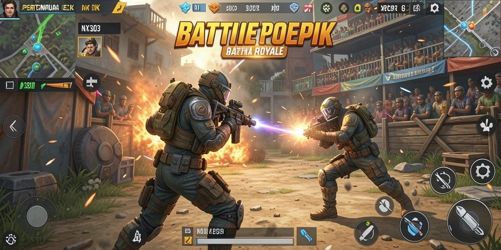 Screenshot utama NX303 menampilkan aksi intense dalam pertempuran Battle Royale.