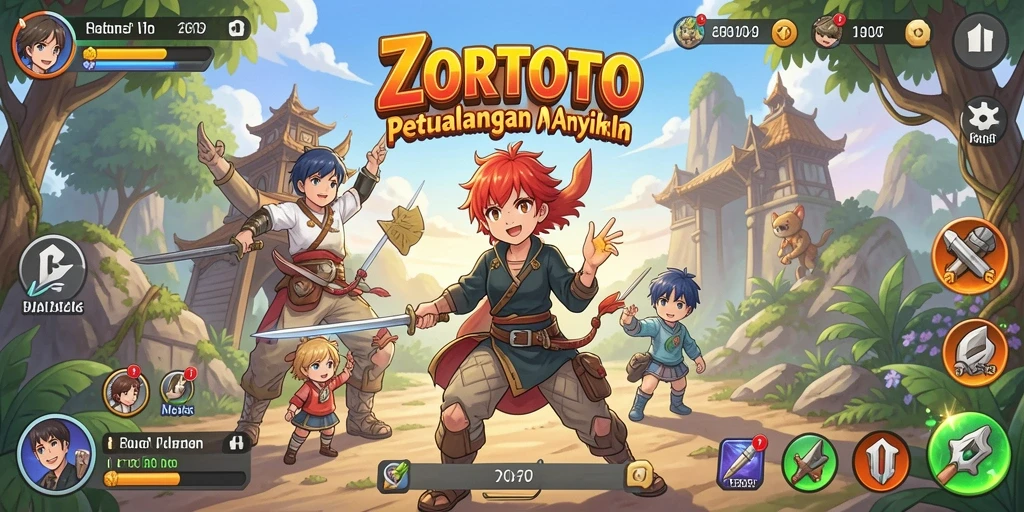 Tangkapan layar gameplay ZORTOTO menampilkan aksi penuh warna dan karakter anime menarik.